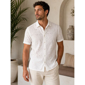 Mr Turk Eyelet Button Shirt Men M White Crochet Lace Geometric Ribbed Luxury
